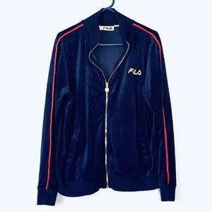 Fila Track Suit Jacket XL Blue Velour Gold Zipper Red Stripe Y2K Style Street